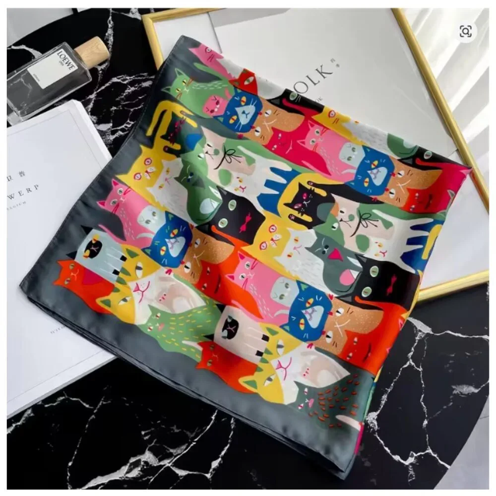 Colorful Cat Print Satin Square Scarf Headscarf Shawl Neckerchief Bandana - NEW